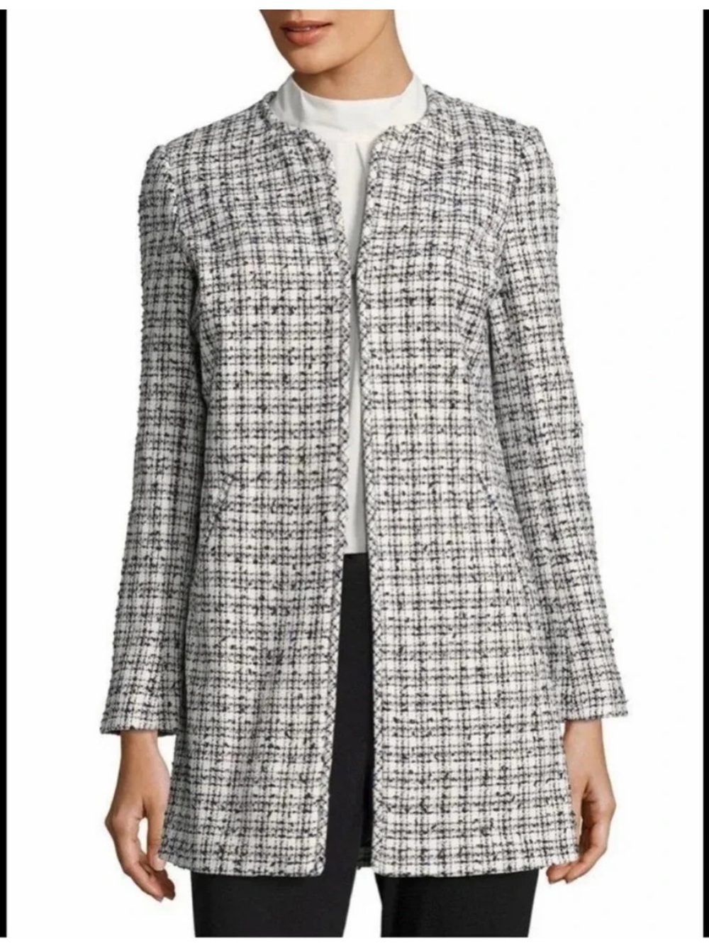 Karl Lagerfeld Navy & White Tweed Open Front Jacket Coat